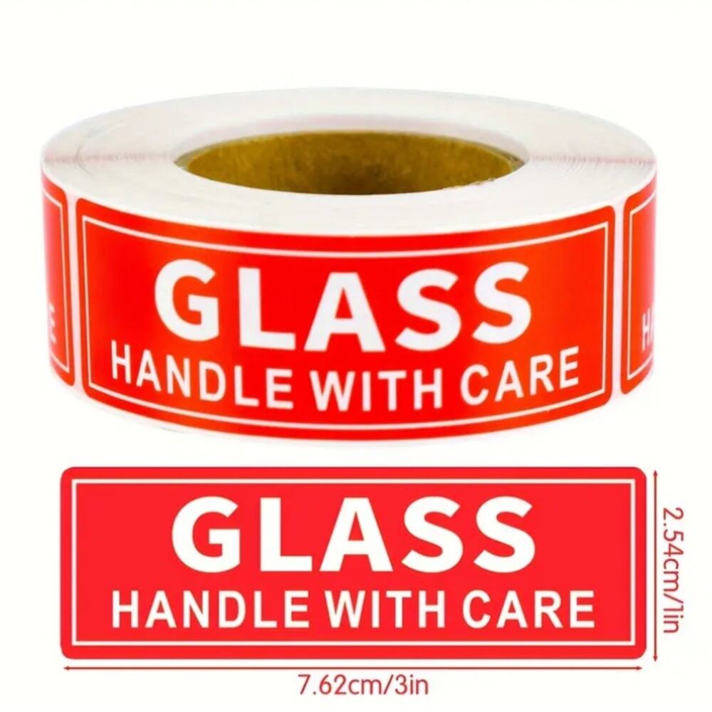 100- 1x3" Red Fragile Glass Handle with Care Shipping Stickers
